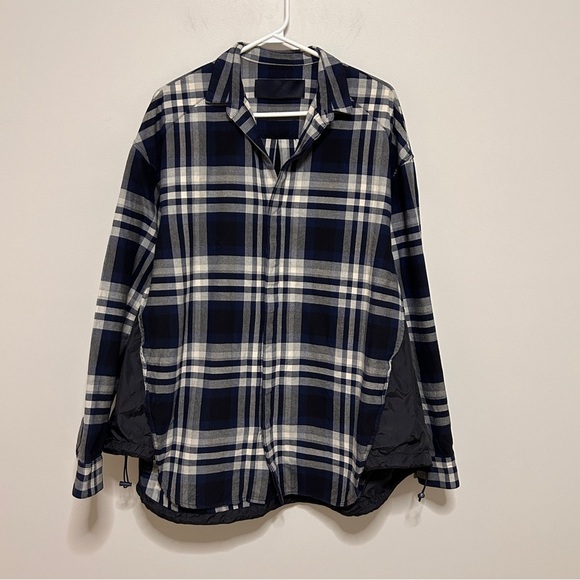 Juun.j Men's L/XL Blue Plaid Shirt Nylon Side Cinches Unique Street Tailoring - Picture 2 of 12